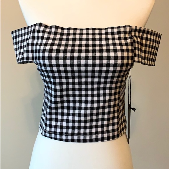 NWT F21 Gingham Off-the-Shoulder Crop Top, Size S - Picture 1 of 5